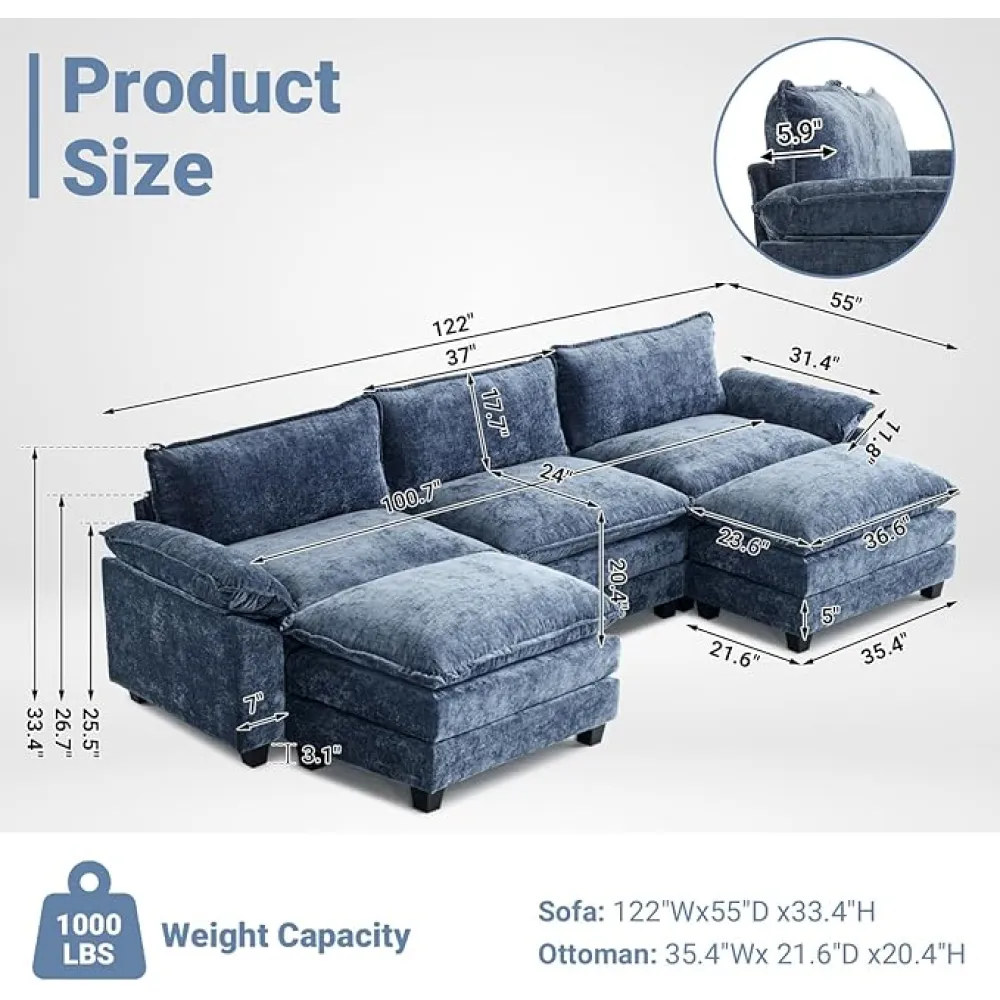 VINGLI 122" Cloud Navy Blue Convertible Sectional Sofa, Comfy U-Shape Extra Deep Seat Sofa Couch for Living Room,Modern Chenille 3-Seat Convertible Sofa with 2 Movable Ottomans for Small Space