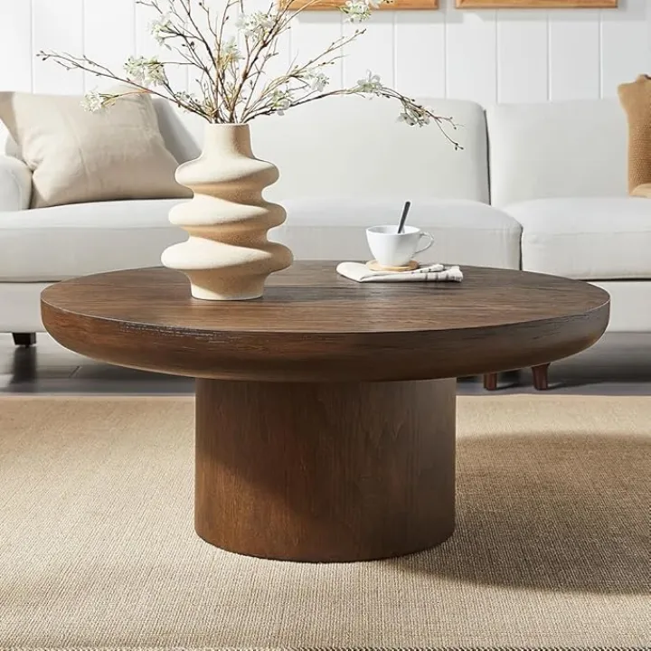Round Wood Coffee Table for Living Room Modern Circle Coffee Table Pedestal Center Table for Apartment, Easy Assembly Brown