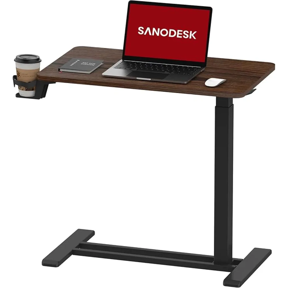 SANODESK Mobile Standing Desk with Hidden Wheels,Pneumatic Laptop Desk Rolling Computer Cart Movable Height Adjustable Small Sit Stand Desk for Home Office(27.6" W x 15.7" D, Maple)