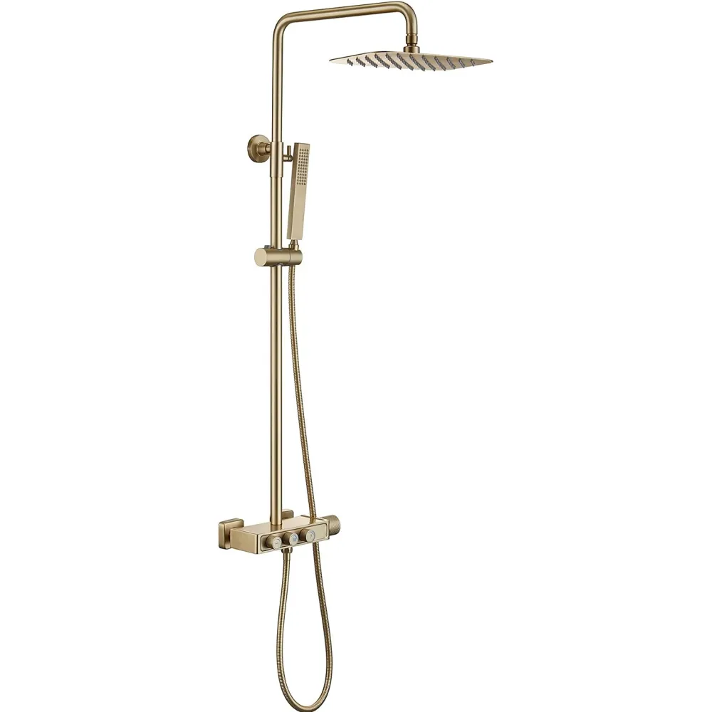 Rain Shower System Brushed Gold Button Shower Combo Set Wall Mounted Bathroom Shower Faucet Set with Shower Head, Handheld Shower, Tub Spout