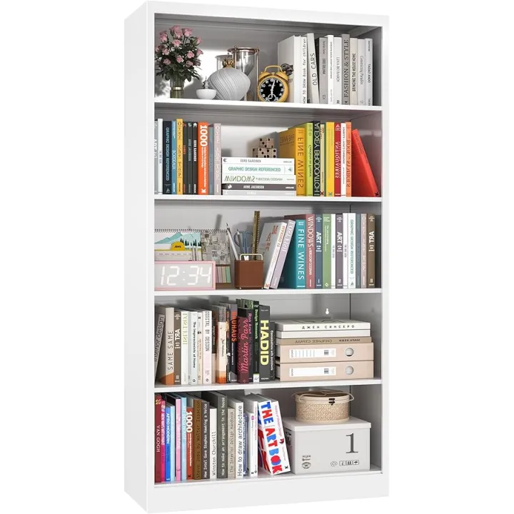 Bookcase, 5 Tier Metal Bookshelves, 66" Tall Free Standing with Adjustable Storage Shelves, Large Bearing Bookcase for Bedroom Living Room Home Office,White Bookshelf