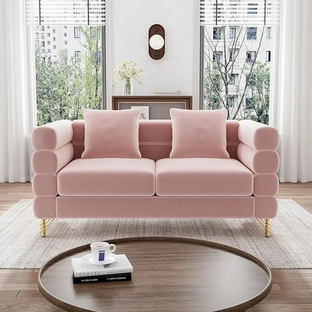 Cloud Couch for Living Room, 59" Modern Overstuffed Deep Seat Velvet Loveseat Sofa with 2 Pillows, Comfy Upholstered 2 Seater Love Seat for Bedroom Office, Pink Velvet