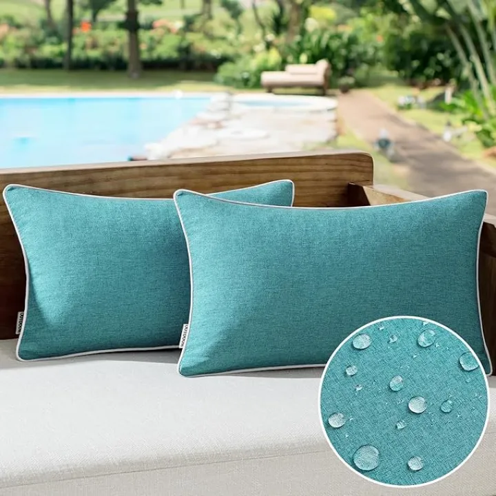 MIULEE Pack of 2 Outdoor Waterproof Throw Pillow Covers Decorative Farmhouse Linen Pillow Covers Solid Color Couch Pillow Covers for Patio Tent Bed Balcony Couch Sofa Living Room 12x20 Inch Turquoise