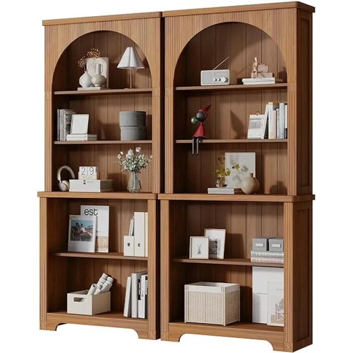 71'' Tall Arched Bookshelf, Mid Century Modern Curved Bookcase with 5-Tier Storage Shelves, Freestanding Open Display Shelf for Home Office, Living Room (Walnut, 2PC)