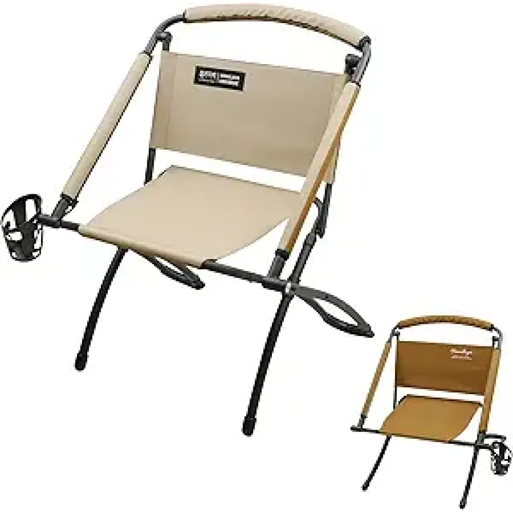 Folding Chair Double-Side Seat, Camping Chair Usable On Both Sides, One Chair Two Heights, Carbon Steel Portable Foldable with Cup Holder for Camp Beach Picnic Patio Sports Brown Beige