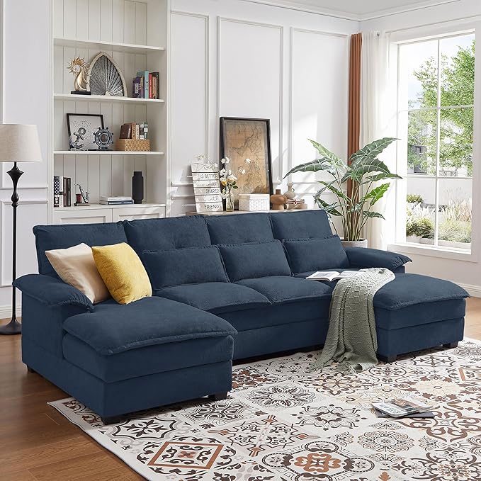 110" Convertible Sectional Sofa, U Shape Cloud Couch, Comfy Couches with Double Chaise and Sleepable Armrests, 4 Seats Sectional Couches for Living Room, Blue