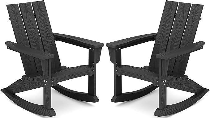 KINGYES Outdoor Rocking Chairs Set of 2, Modern Adirondack Rocking Chair for Adult, All Weather Patio Rocker Chair for Porch, Backyard, Lawn, Garden (Black)