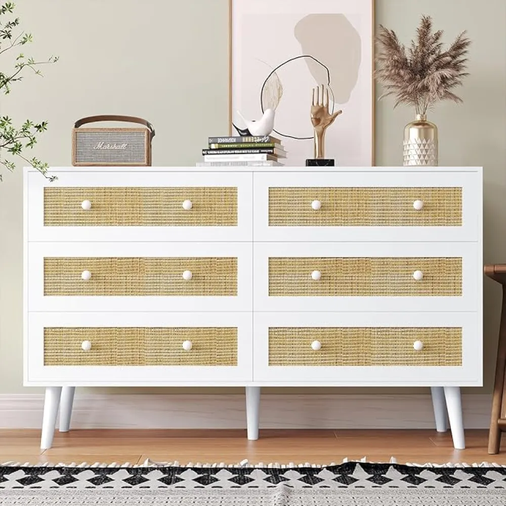 White Dresser for Bedroom, Rattan 6 Drawer Dresser & Chests of Drawers Natural Boho Wood Storage Organizer Chest of Drawers for Bedroom, Hallway, Entryway, Living Room
