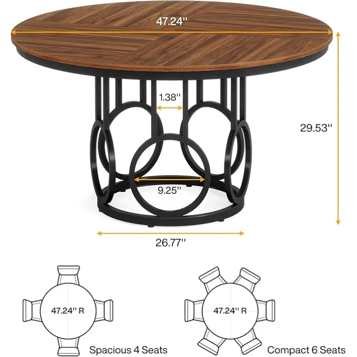 Tribesigns 47-Inch Round Dining Table, Wood Kitchen Table with Sturdy Metal Base for 4-6 People, Large Circle Dinner Table for Dining Room, Kitchen, Living Room (Brown & Black, Only Table)