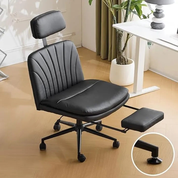 VINGLI Criss Cross Office Chair,PU Leather Computer Chair,Dual-Use with/no Wheels,Comfy High Back Lumbar Support Desk Chair,360 Degree Swivel Chair with Headrest/Footrest Pedal, Black
