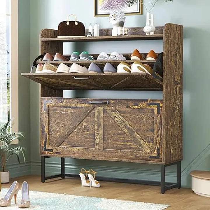 Farmhouse Shoe Storage Cabinet with 2 flip Drawers, 5-Tier Slim Narrow Freestanding Hidden Shoe Storage, Freestanding Narrow Shoe Cabinet for Entryway/Hallway,Rustic Brown