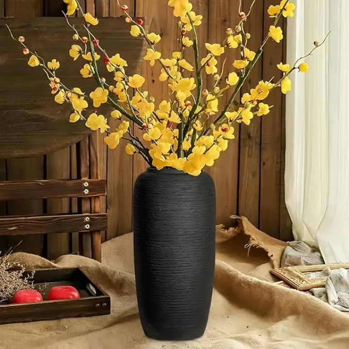 Black Rustic Ceramic Farmhouse Tall Floor Vase,15.7 Inch Vintage Large Vase Pottery Clay Terracotta Rustic Vase for Home Decor Living Room Entryway Table Centerpieces,Kitchen,Housewarming Gifts