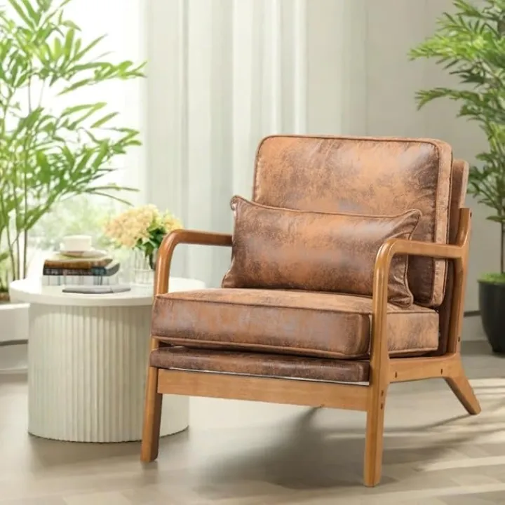 Accent Chair Upholstered Living Room Chairs, Mid Century Modern Chair with Wood Arms, Living Room Chairs with Waist Cushion for Living Room Apartment (Brown, Set of 1)