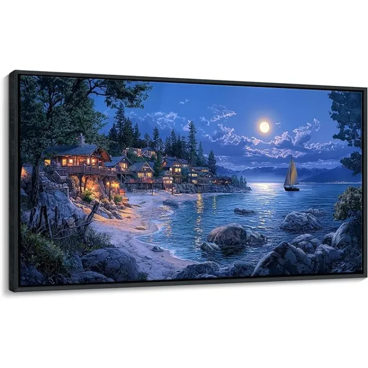 CHATYOUNG Framed Beach Canvas Wall Art, Dark Blue Ocean Moon Night View Wall Pictures Canvas Print Coastal Wall Paintings for Bedroom Living Room Kitchen Home Office Decor 20x40 IN