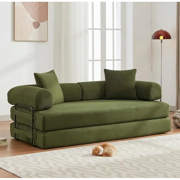 Convertible Folding Sofa Bed, Modular Floor Sofa with Removable Backrest, 3-Seater Fold Out Couch Bed with Pillows, King Size Futon Lazy Couch Corduroy Sleeper for Living Room, Dorm, Green
