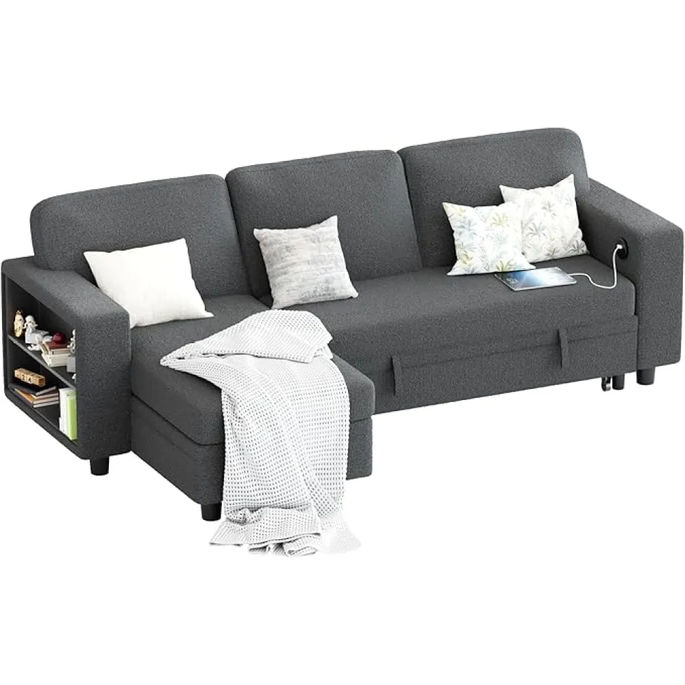 Furmax 80″ Sleeper Sofa Couch with Pull Out Bed L Shaped Sleeper Sofa with Storage Chaise, USB Charging Ports & 2 Built-in Bookshelves 3-Seat Sectional couches for Living Room (Fabric, Grey)