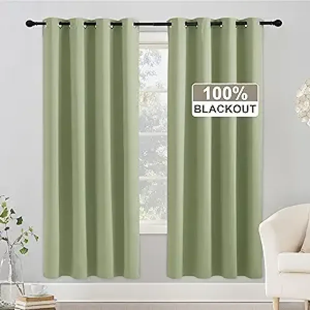 RYB HOME Sage Green 100% Blackout Curtains for Bedroom 72 inch Long, Thermal Insulated Room Darkening Privacy Drapes for Study/Living Room/Theater Energy Saving, Grommet, W52 x L72, 2 Panels