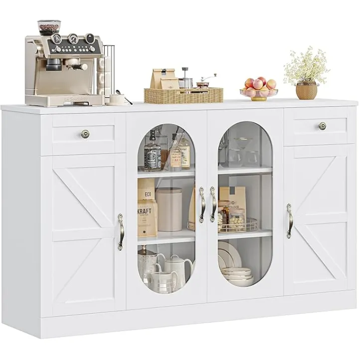 Buffet Cabinet 55" Large Storage Coffee Bar with Drawer and Shelves, 3 Spacious Shelves Behind Glass Doors Sideboard Cabinet, Modern Farmhouse Cabinet Furniture for Kitchen/Dining/Living Room, White