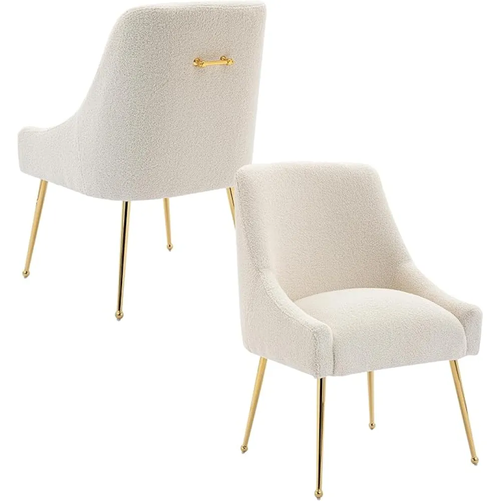 Modern Velvet Dining Chairs Set of 2, Contemporary Upholstered Furniture Collection with Polished Gold Metal Legs, Elegant Accent Chairs for Kitchen Living Room(Teddy Fleece,Beige)