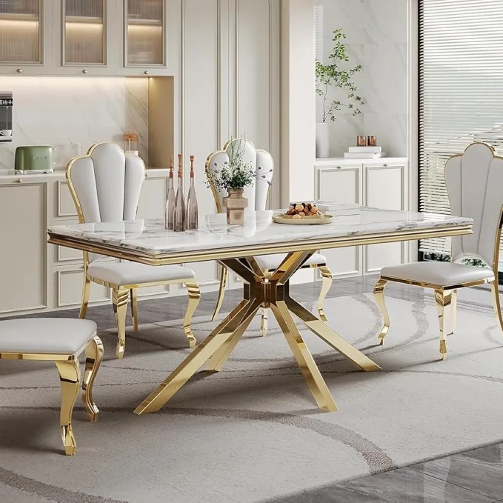 70" Luxury Marble Dining Table for 6-8, Modern White Faux Marble Kitchen Dining Room Table, Rectangle Dining Table with Gold Stainless Steel Cross-Legs for Kitchen Dining Room