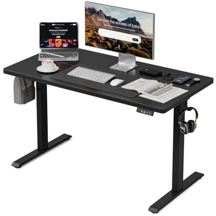 Grandder Scrivania elettrica regolabile in altezza, 100 x 60 cm, scrivania per stare in piedi, scrivania per computer con memoria per casa e ufficio con scrivania in due pezzi, nera