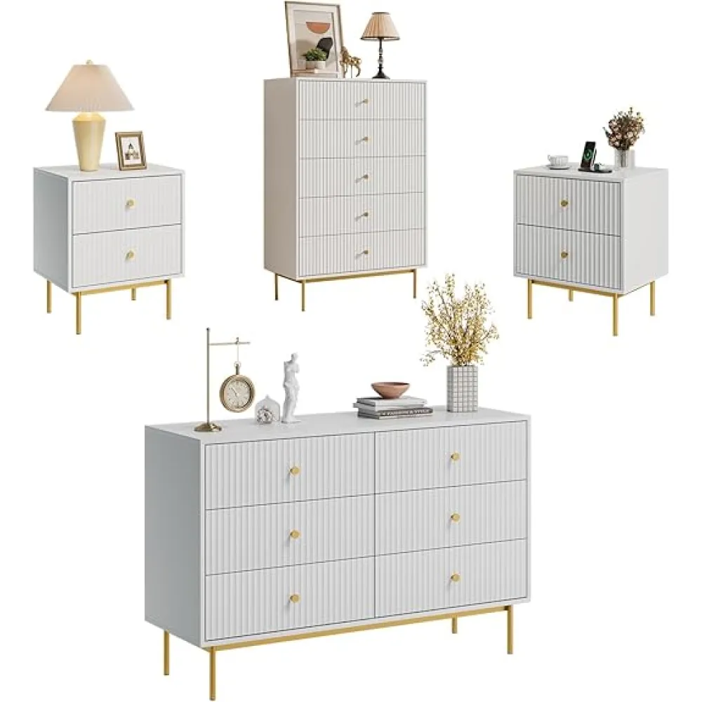 White Dresser Set for Bedroom, 6 Drawer Dresser 5 Drawer Dresser& Nightstands with Gold Handle (4, White)