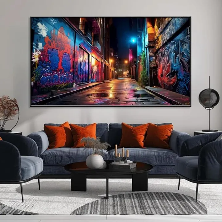 Graffiti Canvas Wall Art, Urban Decay, 1970s New York City, Colorful Graffiti Prints, Living Room & Bedroom (Black Framed, 69"x39"|174x98cm)