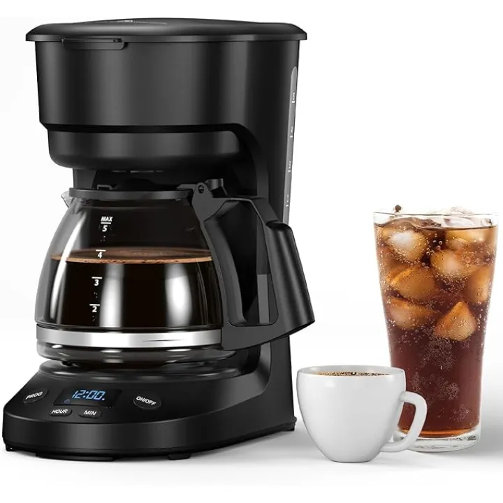 COWSAR Compact Coffee Machine, 5 Cup Drip Coffee Maker with Timing Function, 2H Auto Power-off, 2H Keep Warm, Pause & Brew, Reusable Filter, and Drip-Free Carafe, Black - 3710H