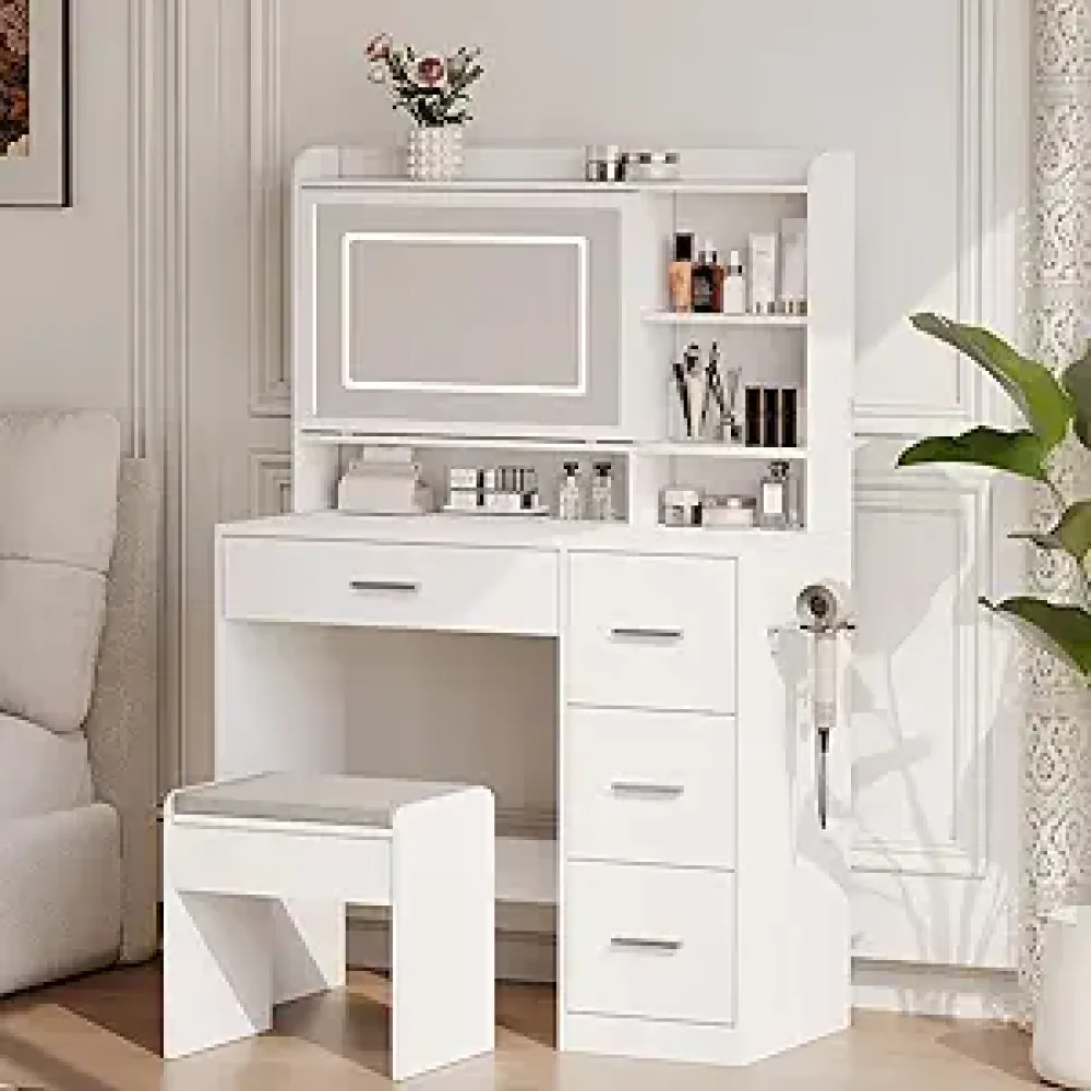 Vanity Desk with a Mirror and Lights，with Chair and Four Drawers, Three Adjustable Lighting Modes，with Power Outlet and Sliding LED Mirror,Bedroom Vanity Desk (White)