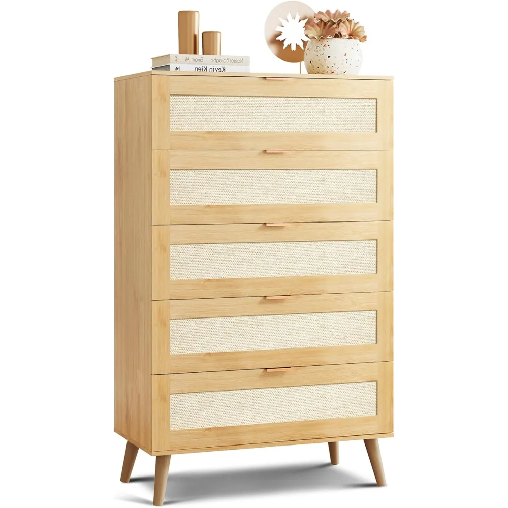 WLIVE Rattan Dresser for Bedroom, 5 Drawer Wood Boho Dresser Storage with Gold Metal Handle, Chest of Drawers for Living Room, Closet, Hallway, Light Oak