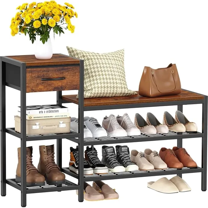 Snughome 39.4" Shoe Storage Bench with Drawer, 3 Tier Entryway Bench with Shoe Storage, Adjustable Shelf Shoe Rack with Seating for Entryway, Front Door, Living Room