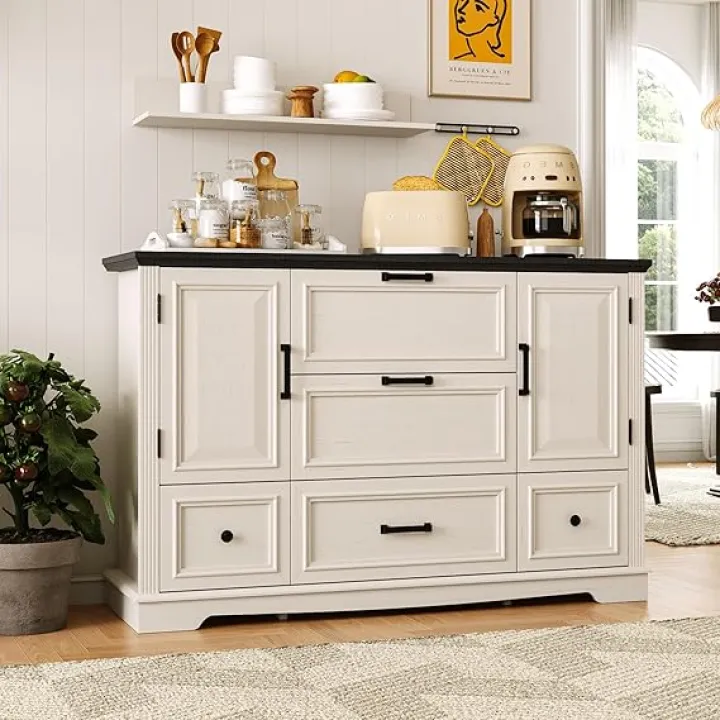 Maupvit Farmhouse 48" Buffet Cabinet with Storage,Coffee Bar for Kitchen,Living Room,Wood Rustic Sideboard Cabinet w/5 Drawers&2 Grooved Doors,White