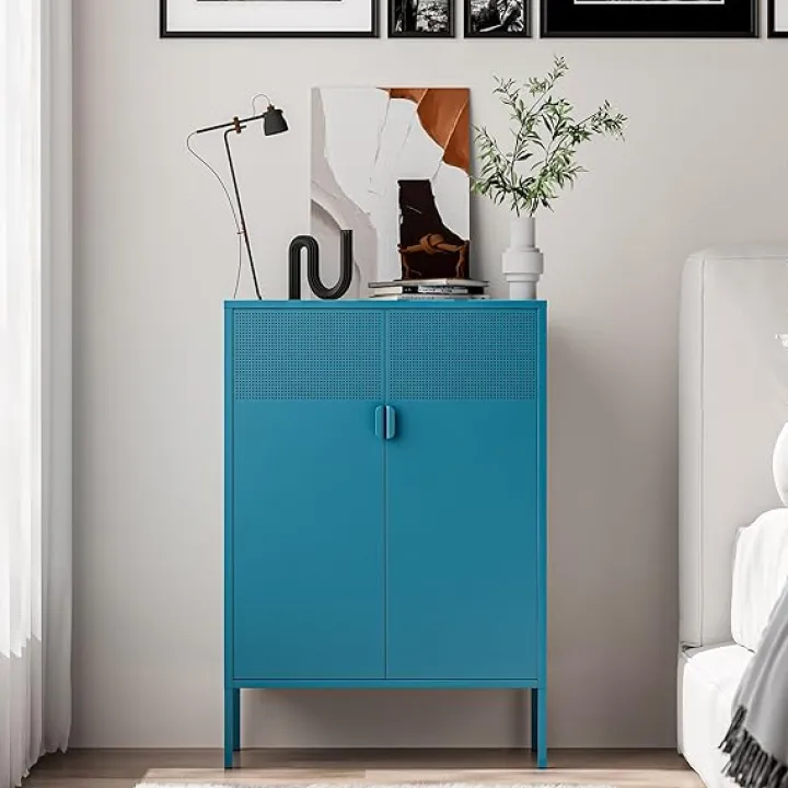 2 Mesh Door Metal Cabinet with Adjustable Shelves, Multipurpose Peacock Blue Storage Cabinet, 3-Tier,Metal Storage Cabinet for Office Home,Hallway(Peacock Blue, 47''H)
