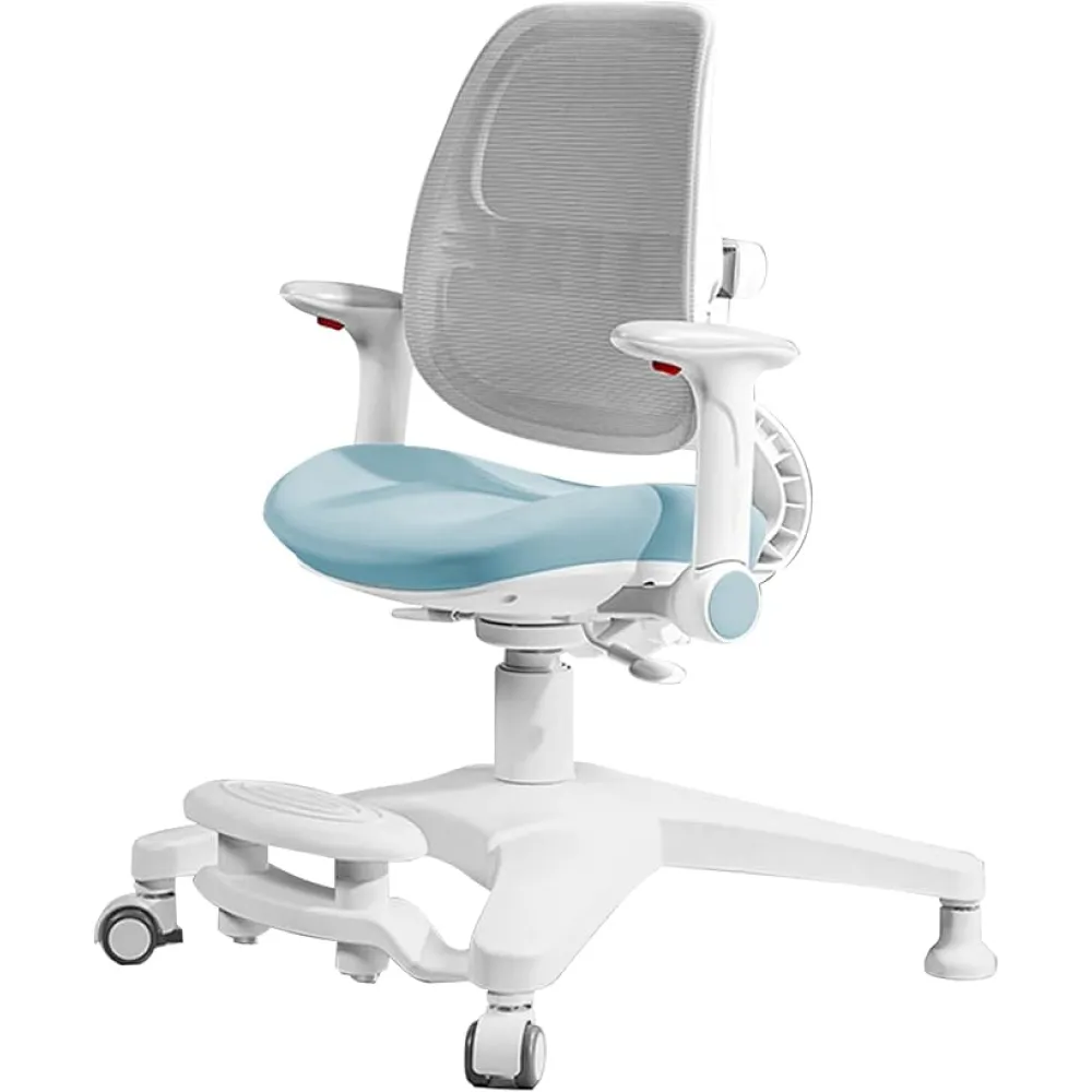 FCD Kids Desk Chair, Adjustable Height Study Chair with Adjustable Back Support, Thick Cushion Seat, Foldable Armrest and Adjustable Footrest (Blue)