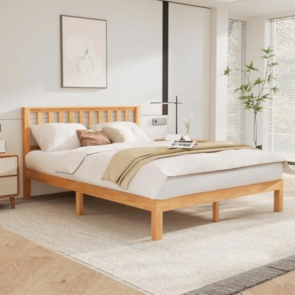 DELAVIN Queen Bed Frame with Headboard, Wood Platform Bed Frame, Farmhouse Style Bed Frame Queen Size with Slats Support, Malaysian Oak, No Box Spring Needed, Easy Assembly, Rustic Pine