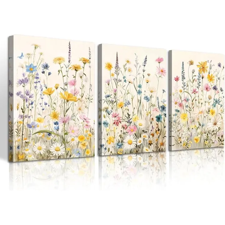 WENGTIAO 3Pcs Framed Colorful Wildflower Canvas Wall Art, Yellow Watercolors Flowers Wall Pictures Floral Canvas Prints Wall Decor Paintings for Living Room Girls Bedroom Ready to Hang 12"x16"x3