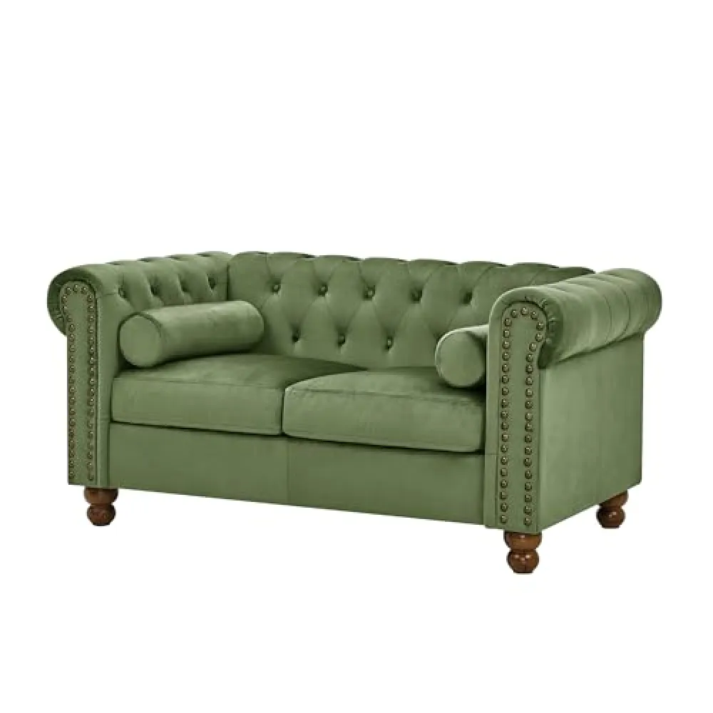 Asucoora Velvet Loveseat Couch, Rolled Arm 2-Seater Tufted Sofa with Nailhead Trim and 2 Neck Roll Pillows, Living Room Small Apartment Office Décor Green