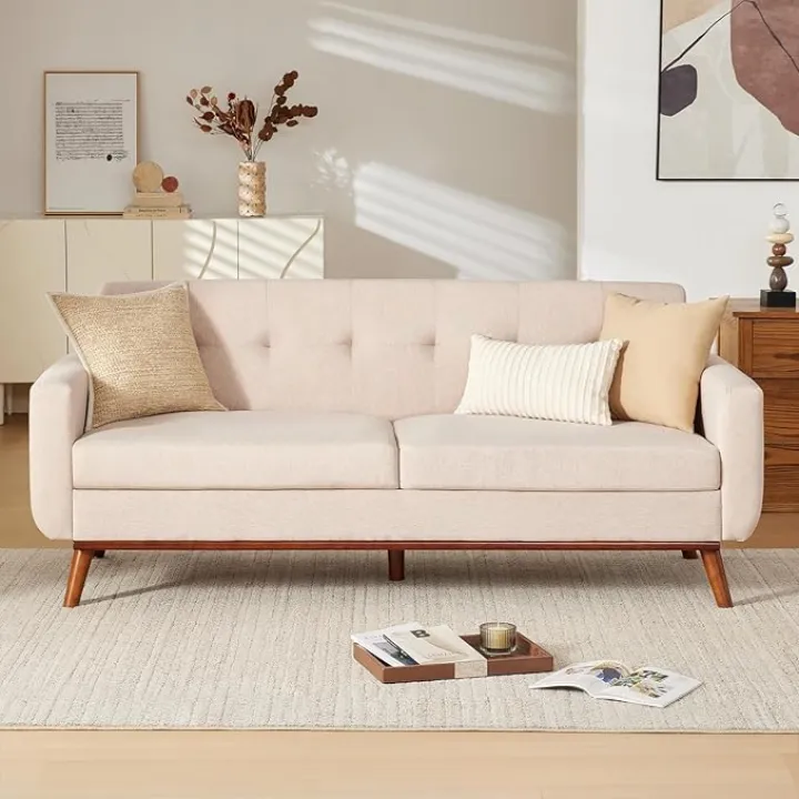 77" Loveseat Sofa, Home Sofas Living Room Couch, Mid Century Modern Love Seat Couches, Easy to Install 2 Seat Sofa for Bedroom Office (Beige)