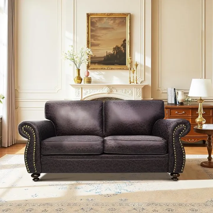 88’’ Rivet Couch,Living Room Sets,Mid-Century Couch, Solid Wooden Frame for Living Room,Upholstered Sofa (Brown, Loveseat)