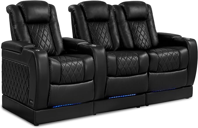 Valencia Tuscany Home Theater Seating with Risers - Premium Italian Leather Recliner Sofa,LED Cup Holders,Power Headrest & Lumbar Support（Row of 3 Loveseat Right,Black）