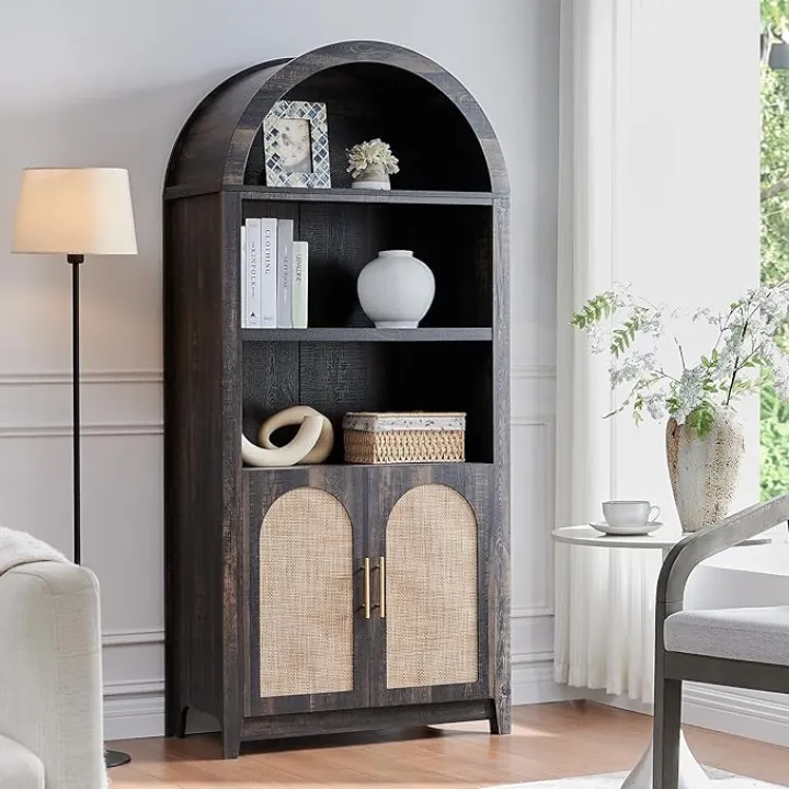 Arched Cabinet Bookshelf Bookcase - 69.3” Tall Mid Century Arched Display Cabinet, Rounded Bookshelf with Rattan Doors, Open Shelf Storage Cabinet for Dining Room (Dark Rustic Oak)