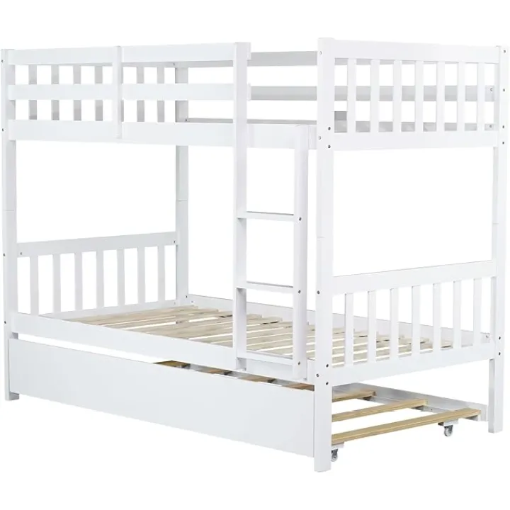 Twin Over Twin Wood Bunk Bed with Trundle for Kids Boys Girls,Solid Wood Bedframe w/Ladder & Safety Guardrails, Convertible into Twin Size Beds,No Box Spring Needed, White