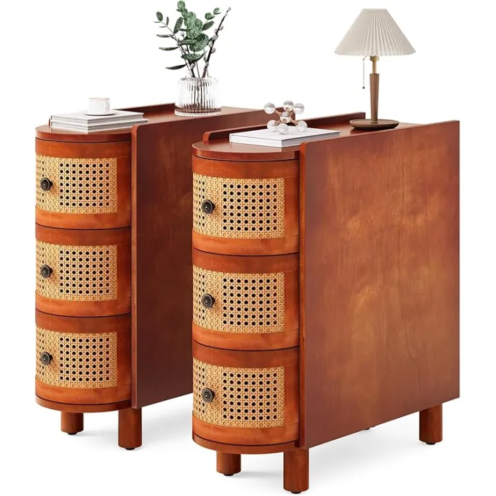 LITTLE TREE End Table Set of 2, Rattan Narrow Side Table with 3 Drawers, No Assembly Required, Solid Wood Nightstand, Bedside Table for Living Room, Bedroom, Office, Bathroom, Brown