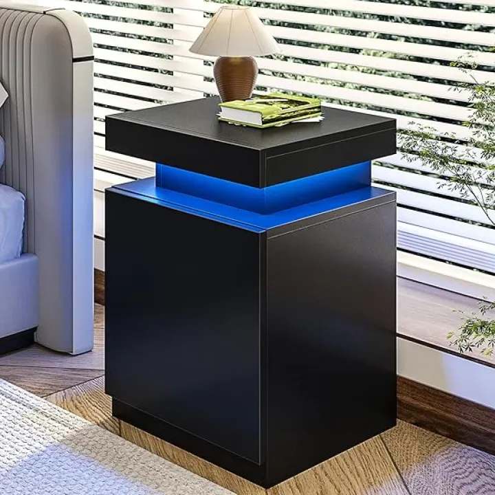 oneinmil Nightstand with Charging Station and LED Lights, Night Stand with Sliding Top Storage, Bedside Table with Drawer, Modern End Side Table for Bedroom, Black