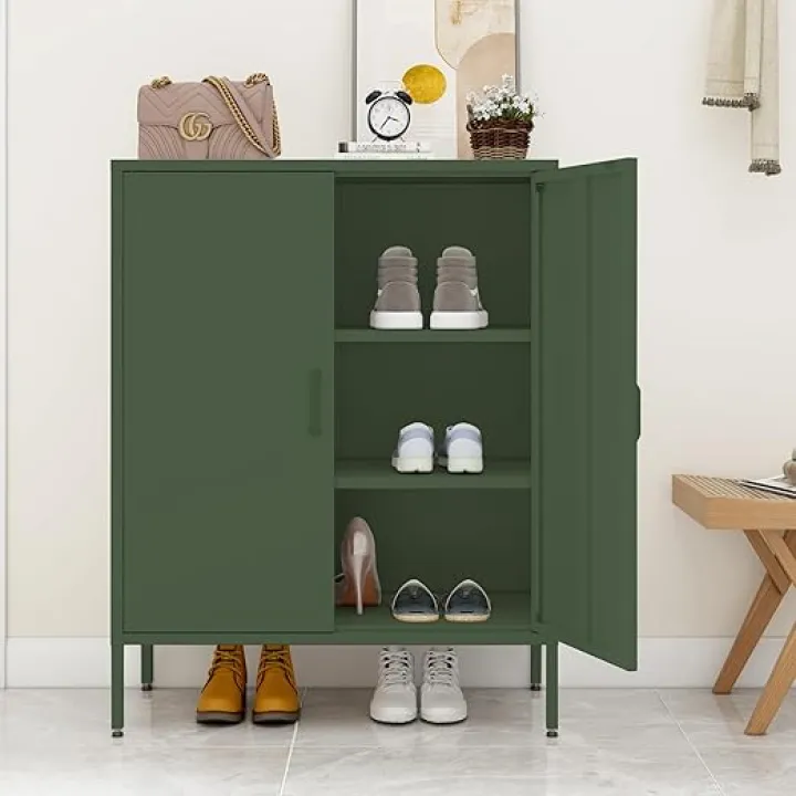 Green Metal Locker Cabinet with 2 Doors, Metal Accent Cabinets with 2 Adjustable Shelves Home Office Storage Lockers Sideboard for Kitchen Living Room Hallway Entryway
