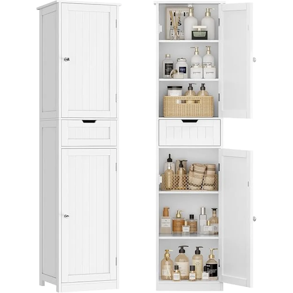 67" H Tall Bathroom Cabinet with 2 Doors & 1 Drawer, Narrow Bathroom Storage Cabinet with Adjustable Shelves, for Living Room, Entryway, Kitchen, White