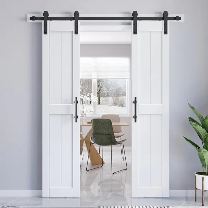 Double 18×84 Inch White Sliding Barn Door Slab and 6.6ft Hardware Kit Included, MDF Wood Panel Covered with Water-Proof Scratch-Proof PVC Surface, Easy to Clean, Simple DIY Assembly