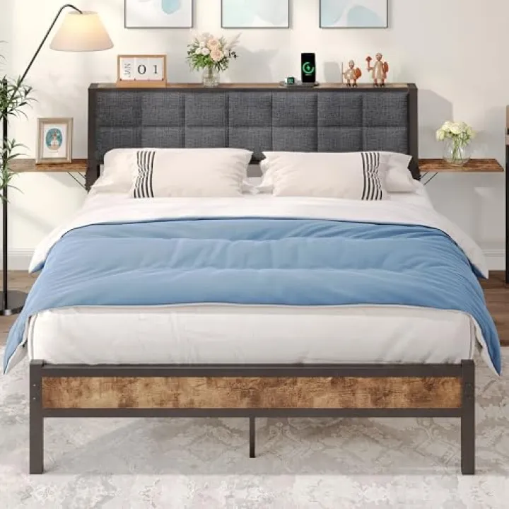 JUISSANO Letto imbottito 140 x 200 cm, con rete a doghe, telaio in metallo e legno, moderno letto in metallo, 140 x 200 cm, con testiera e 2 tavoli laterali, letto matrimoniale nero + lino grigio