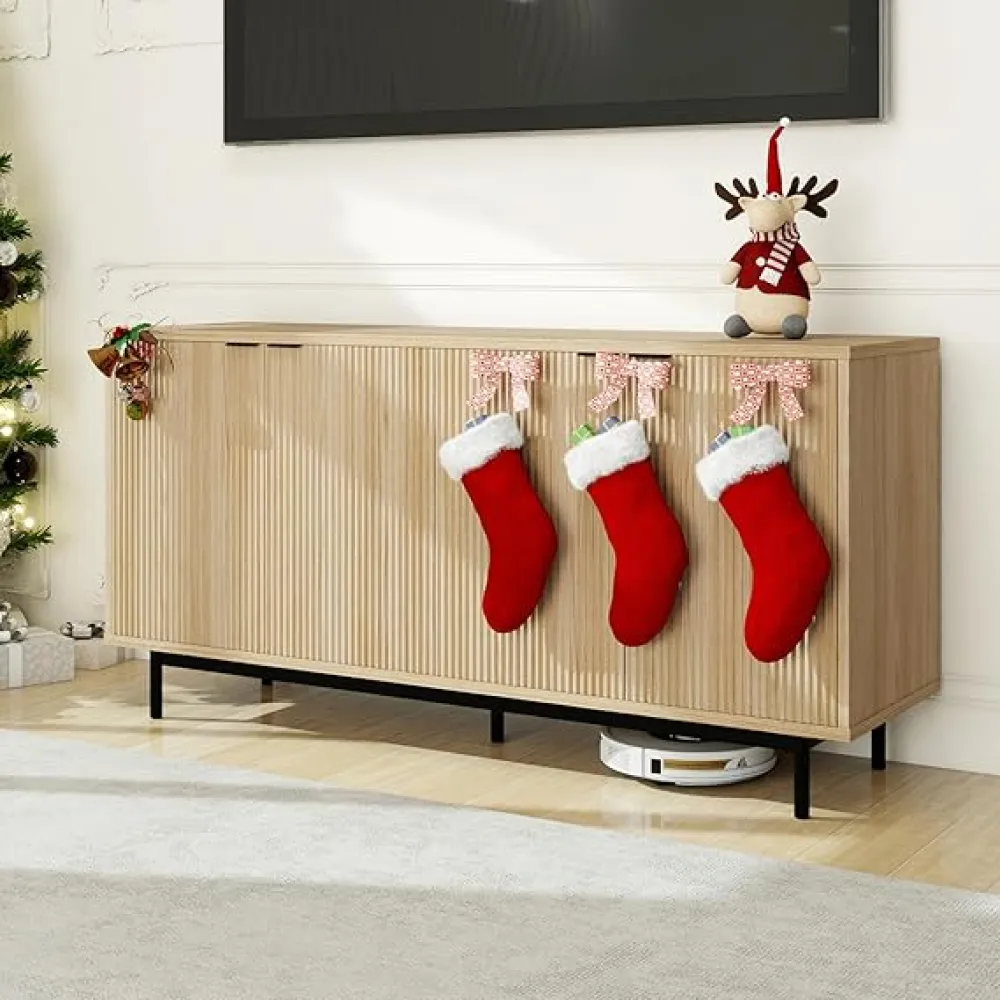 MUUEGM Buffet Cabinet with Storage, 58” Large Sideboard Buffet Storage Cabinet with Shelves and 4 Doors, Fluted Sideboard Coffee Bar Storage Cabinet for Dinging Room, Living Room, Kitchen, Natural