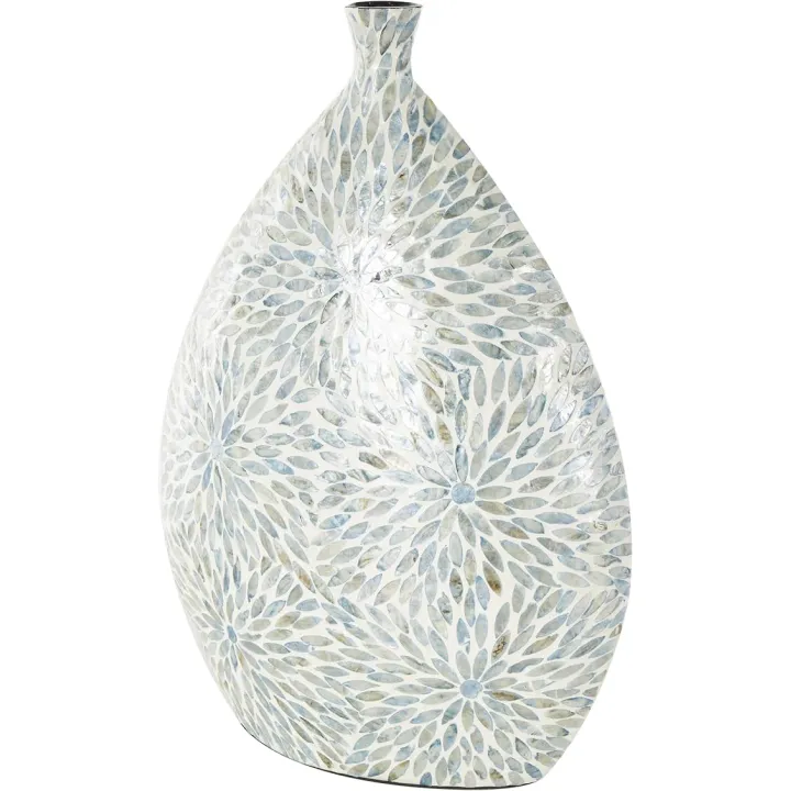 Deco 79 Mother of Pearl Shell Floral Handmade Decorative Vase Large Mosaic Centerpiece Vase with Cream Underlay, Flower Vase for Home Decoration 17" x 8" x 24", Blue